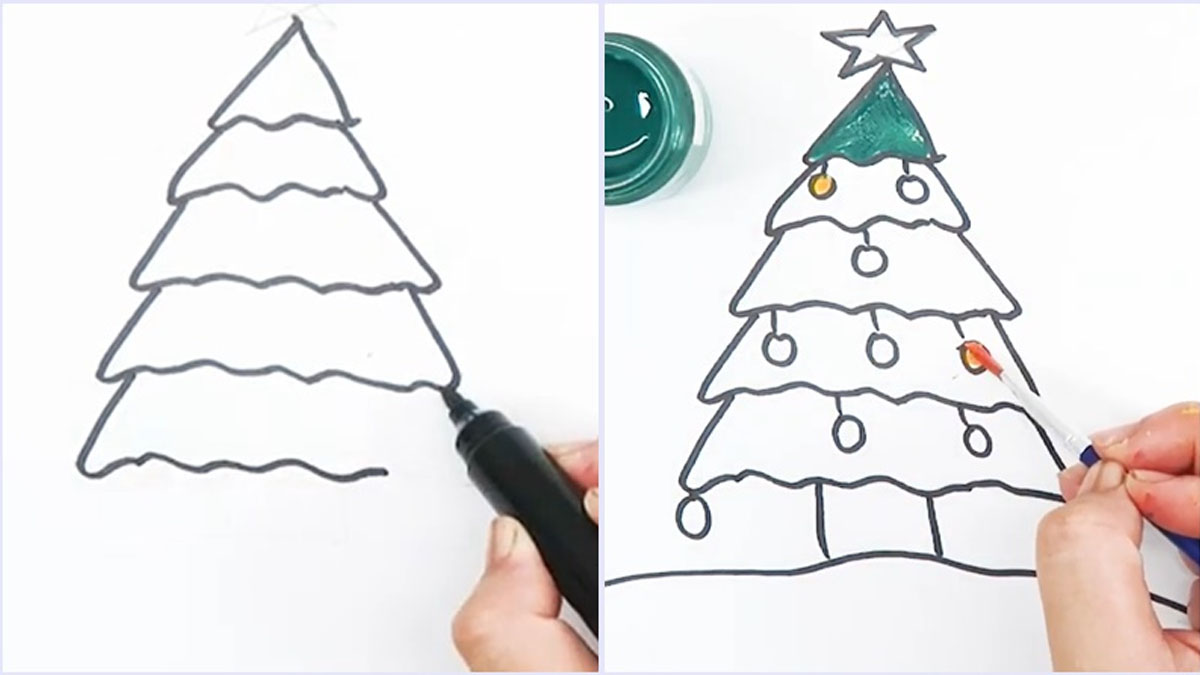 Cách vẽ cây thông Noel đơn giản bằng hình tam giác lượn sóng