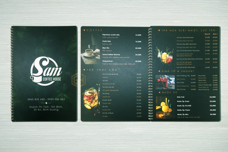 Menu quán cafe đóng cuốn nhựa pvc gáy lò xo