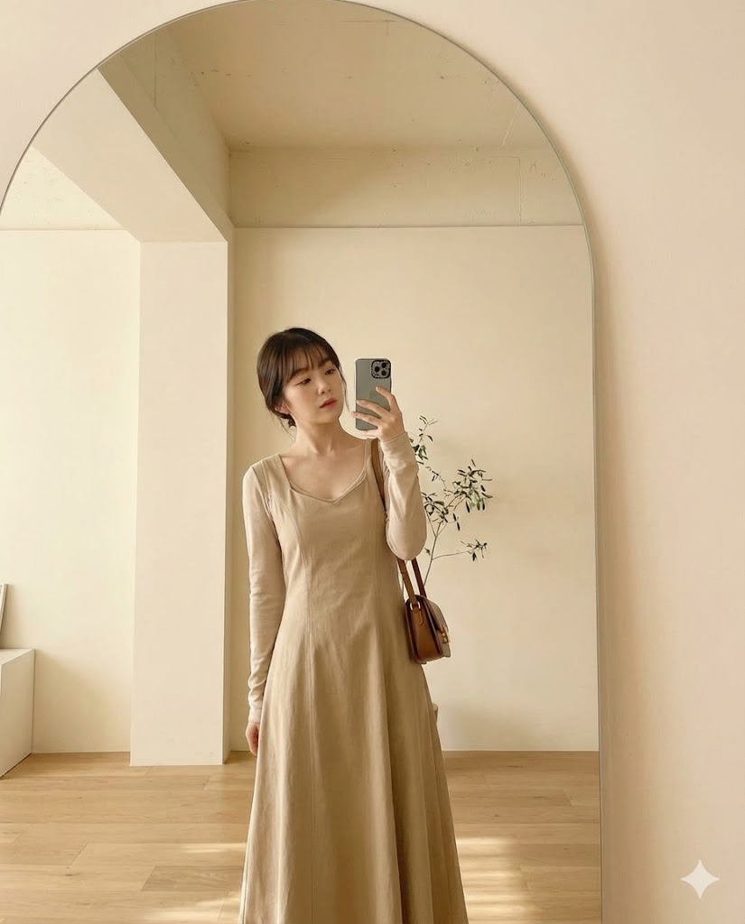 Phong cách 4: Selfie trước gương - thanh lịch, váy dài tone be