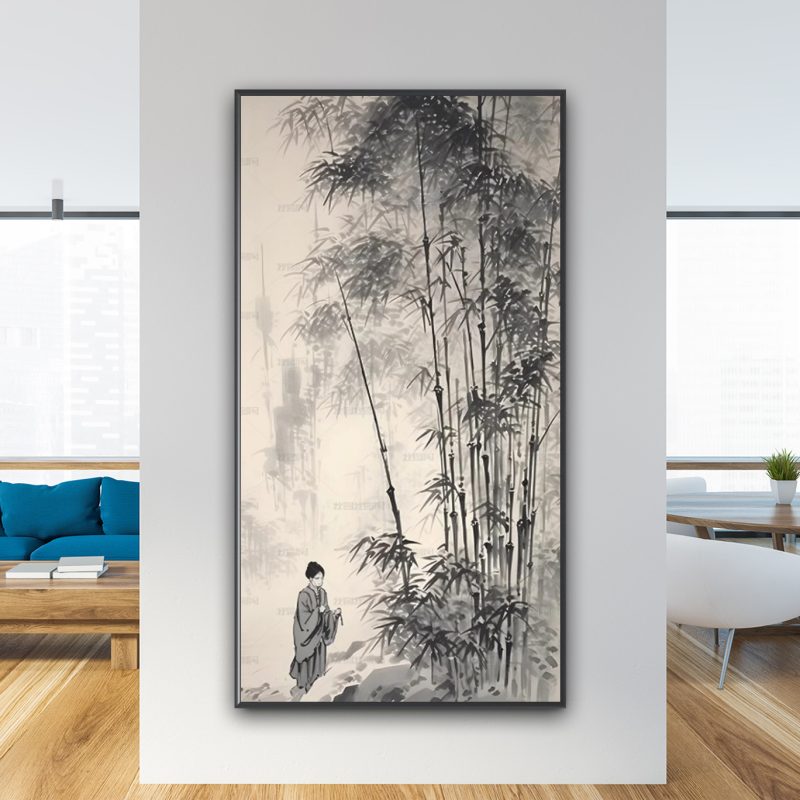 Mẫu tranh đen trắng cô gái bên khóm tre trúc TTT7347