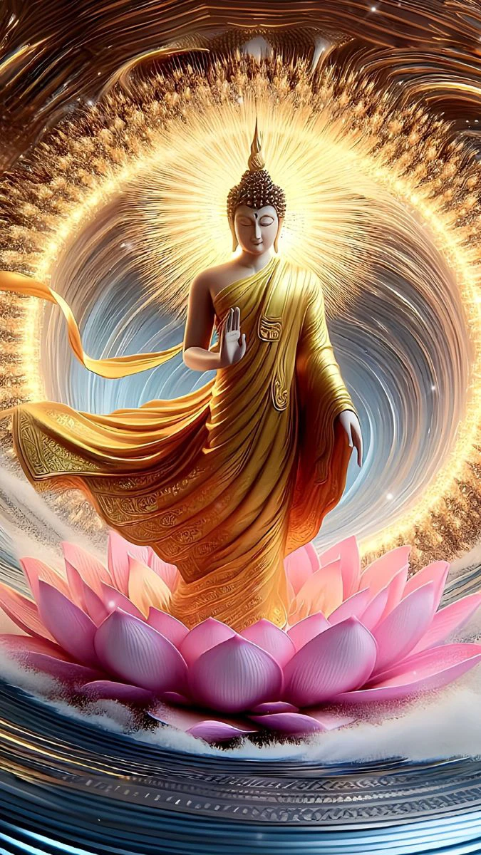 Phật đứng trên hoa sen hồng