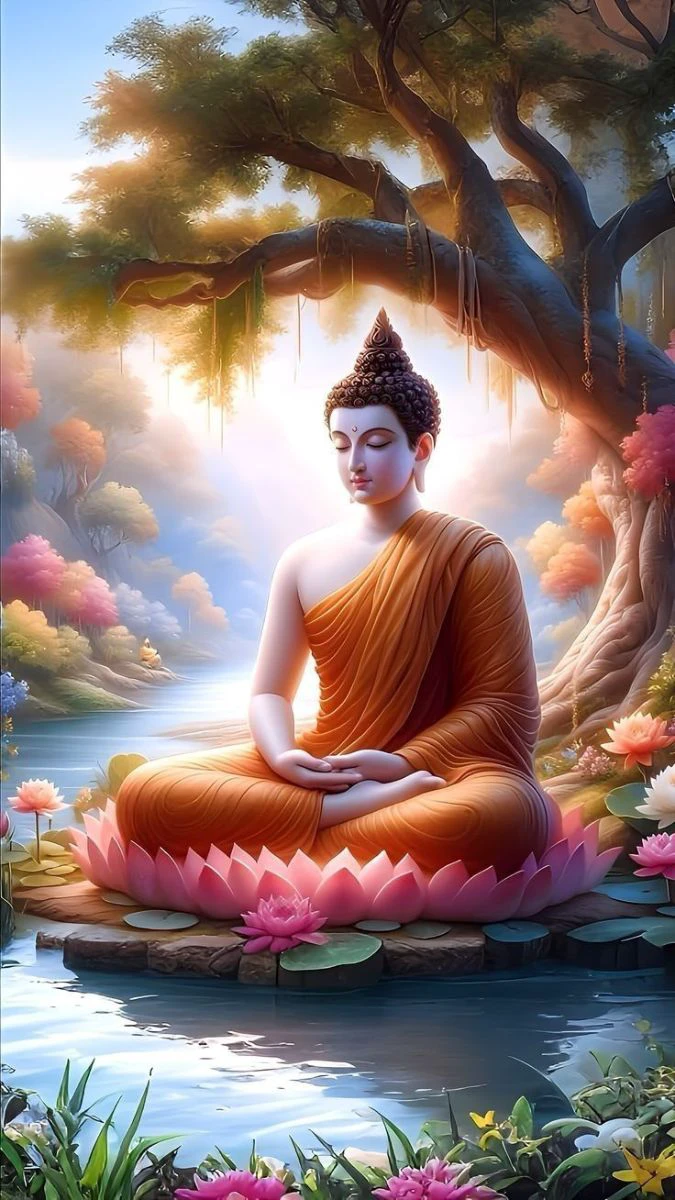 Phật ngồi thiền trên tòa sen hồng