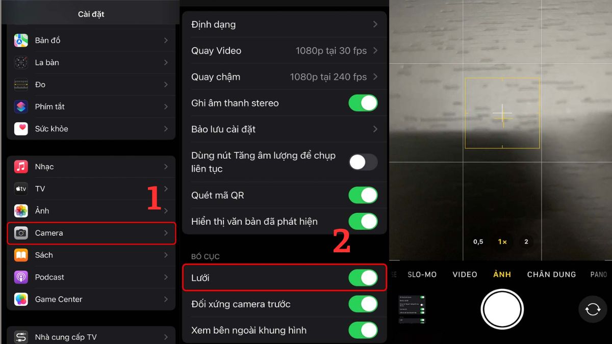 Cách mở chế độ lưới trong camera trên iPhone