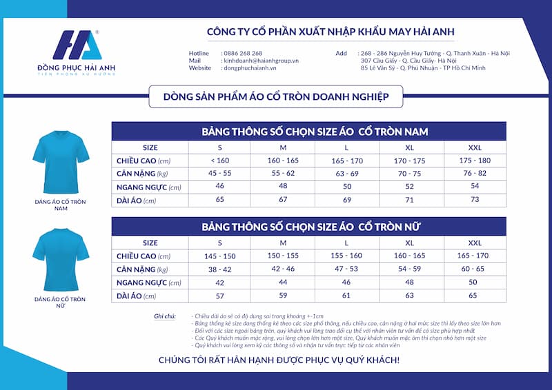 Bảng size nam nữ áo phông, thun cổ tròn doanh nghiệp - Đồng phục Hải Anh