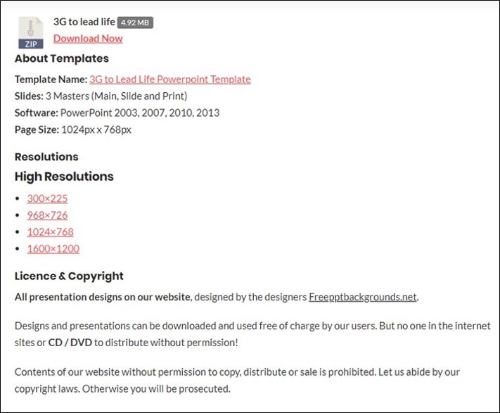 Example of what the download page for Free PPT Backgrounds looks like