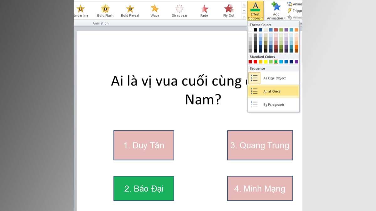 Cách làm trò chơi đoán hình trên Powerpoint - Tạo hiệu ứng đổi màu đỏ cho đáp án sai