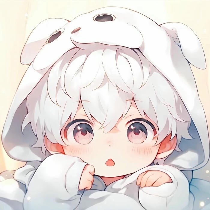 Hình avatar dễ thương chibi bé trai tóc trắng đội mũ gấu