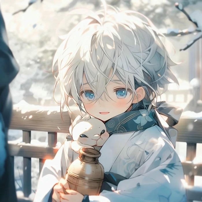 Ảnh avatar dễ thương chibi bé trai tóc trắng cầm chim nhỏ