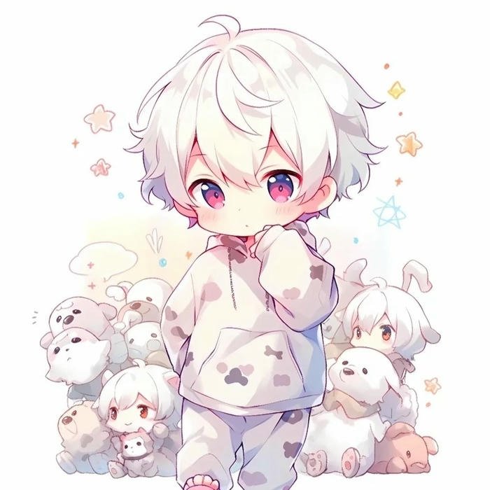 Hình avatar dễ thương chibi bé trai tóc trắng và đàn cừu