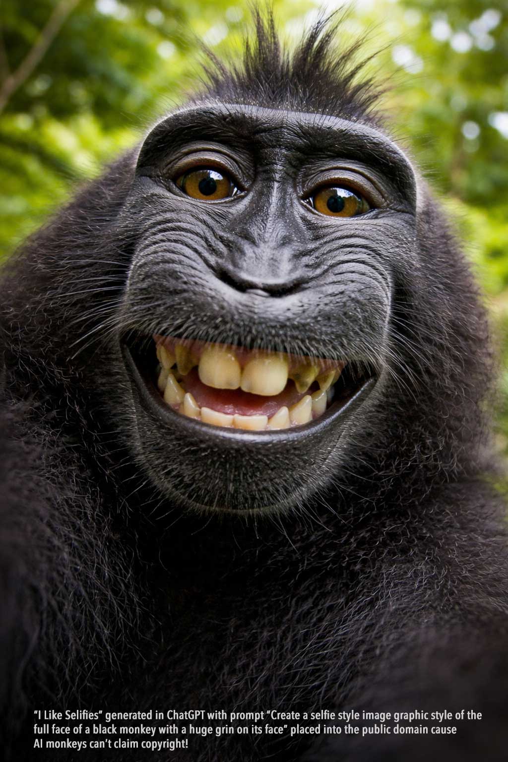 Ai generated image of a grey monkey in a forest smiling.