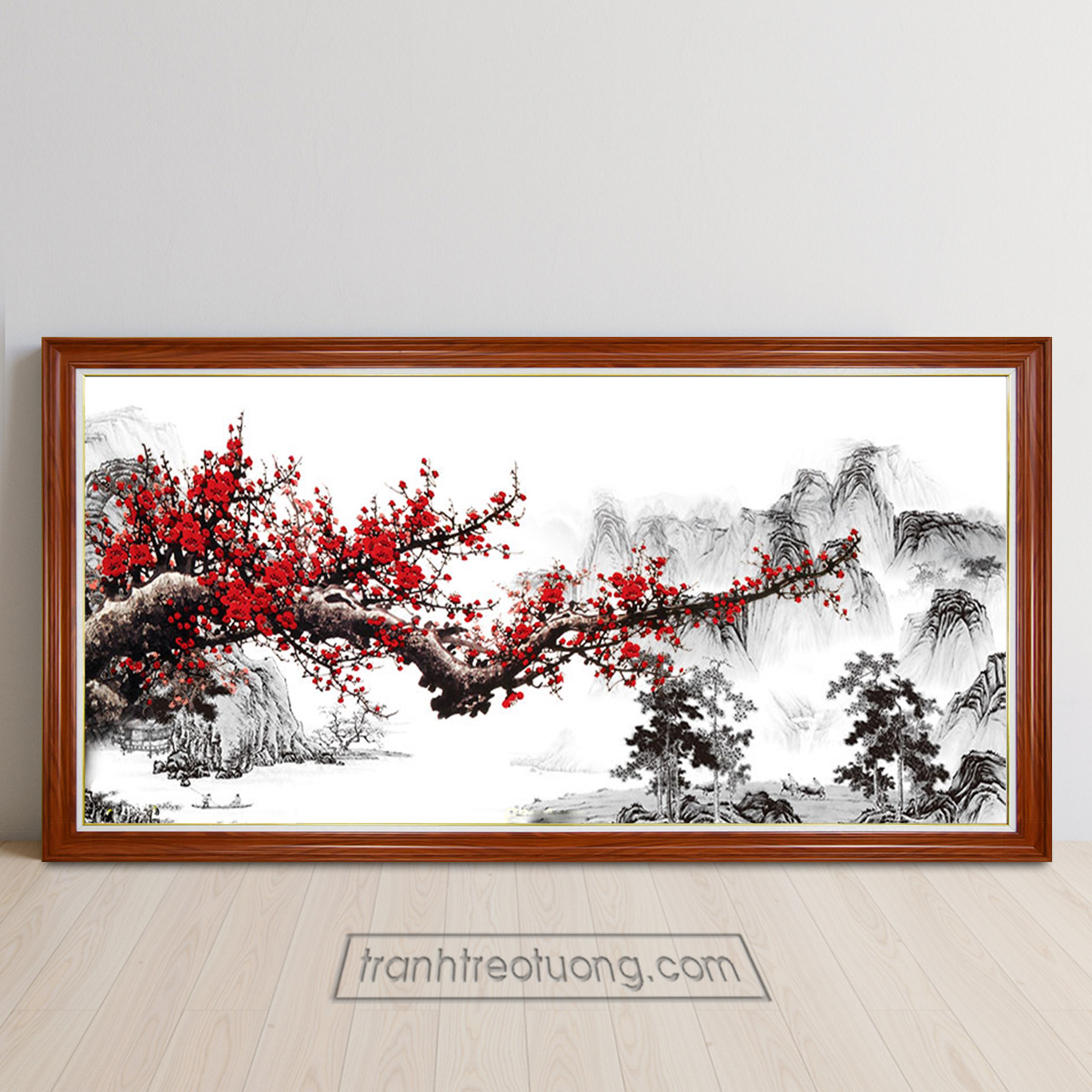 Mẫu tranh treo tường cành đào cổ thụ dáng ngả nở hoa đỏ rực và phong cảnh thuỷ mặc