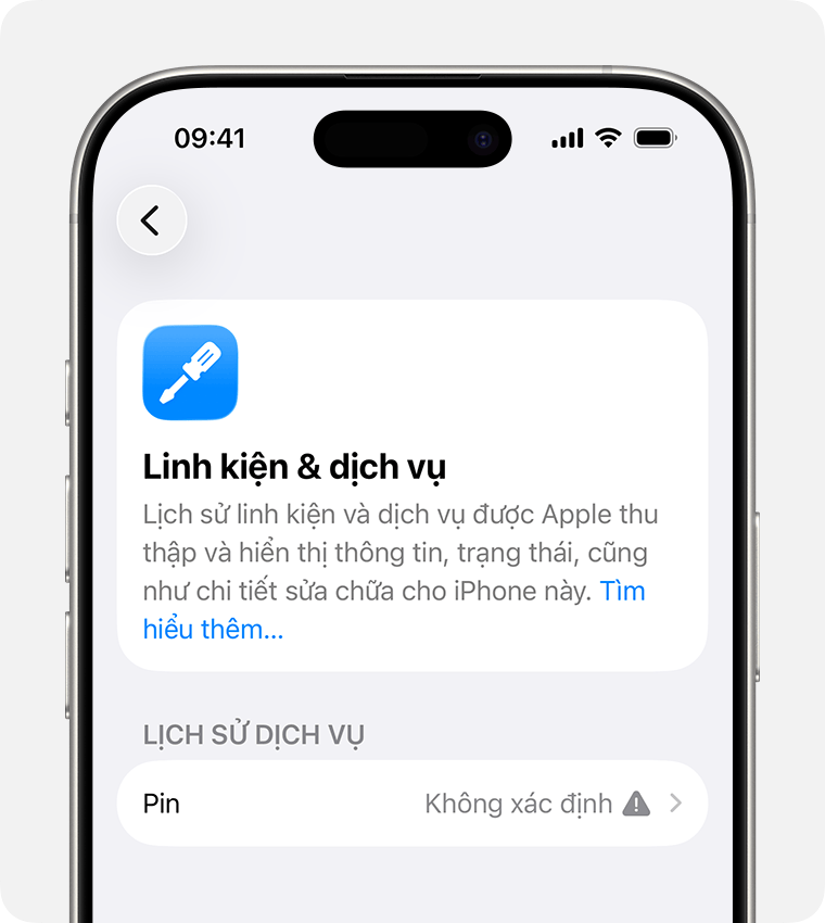 Màn hình Linh kiện và bảo dưỡng với thông báo Không xác định xuất hiện bên cạnh mục Pin.