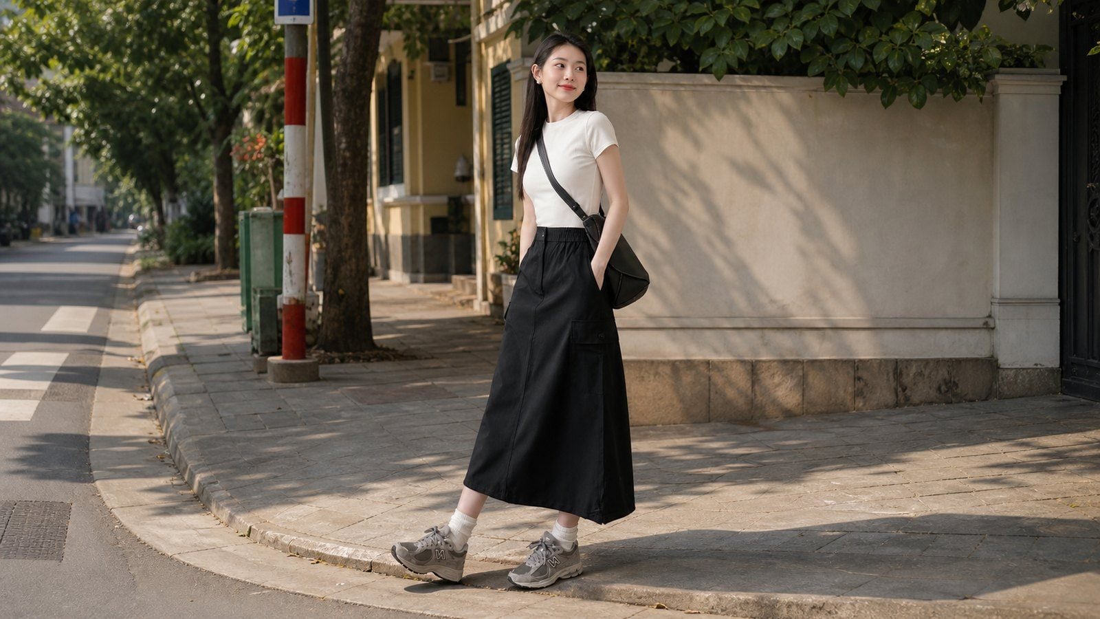 Đứng nghiêng người và dồn trọng tâm vào một chân khi mặc váy