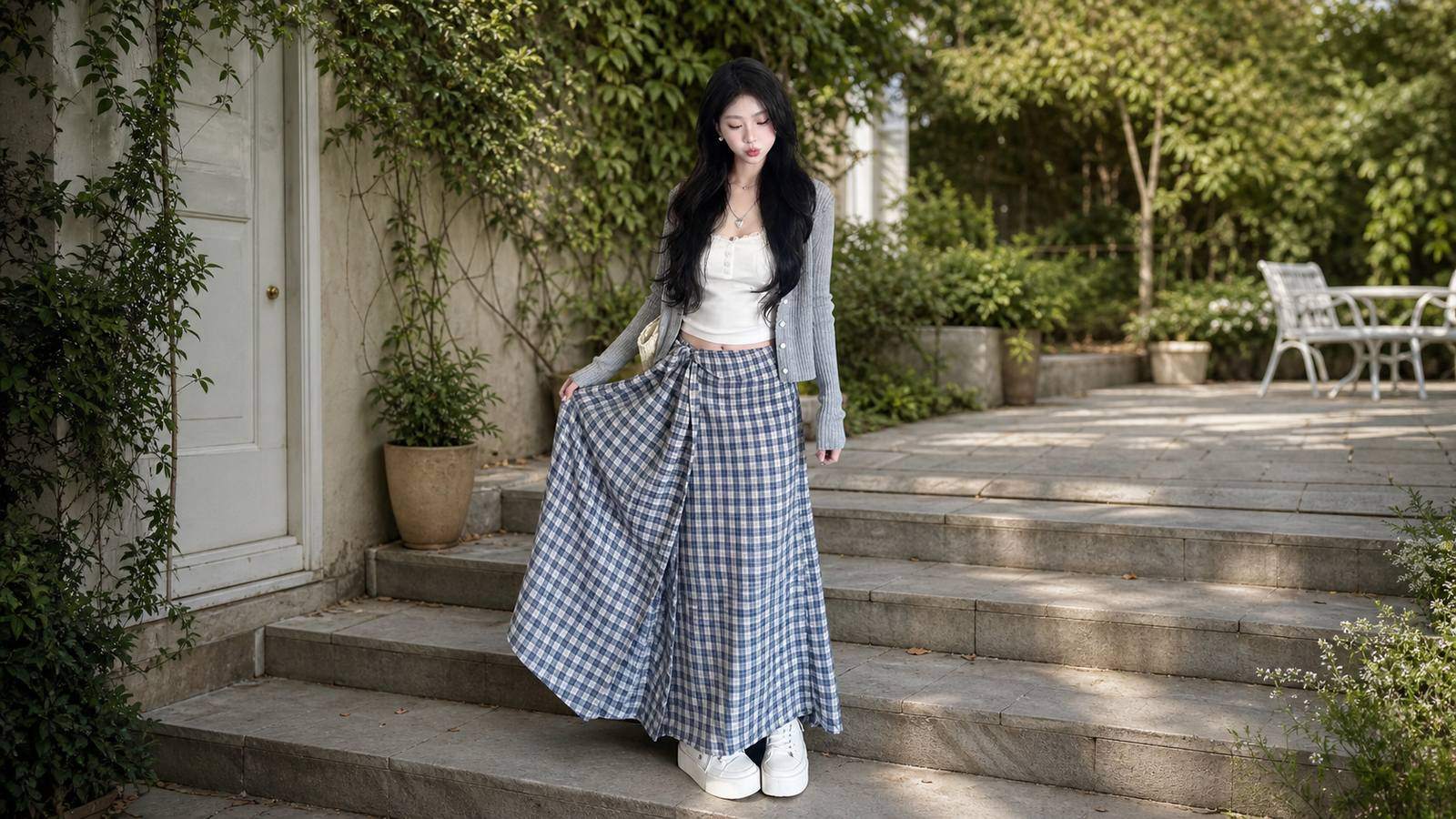 Nhấc nhẹ tà váy khi mặc váy xòe hoặc maxi